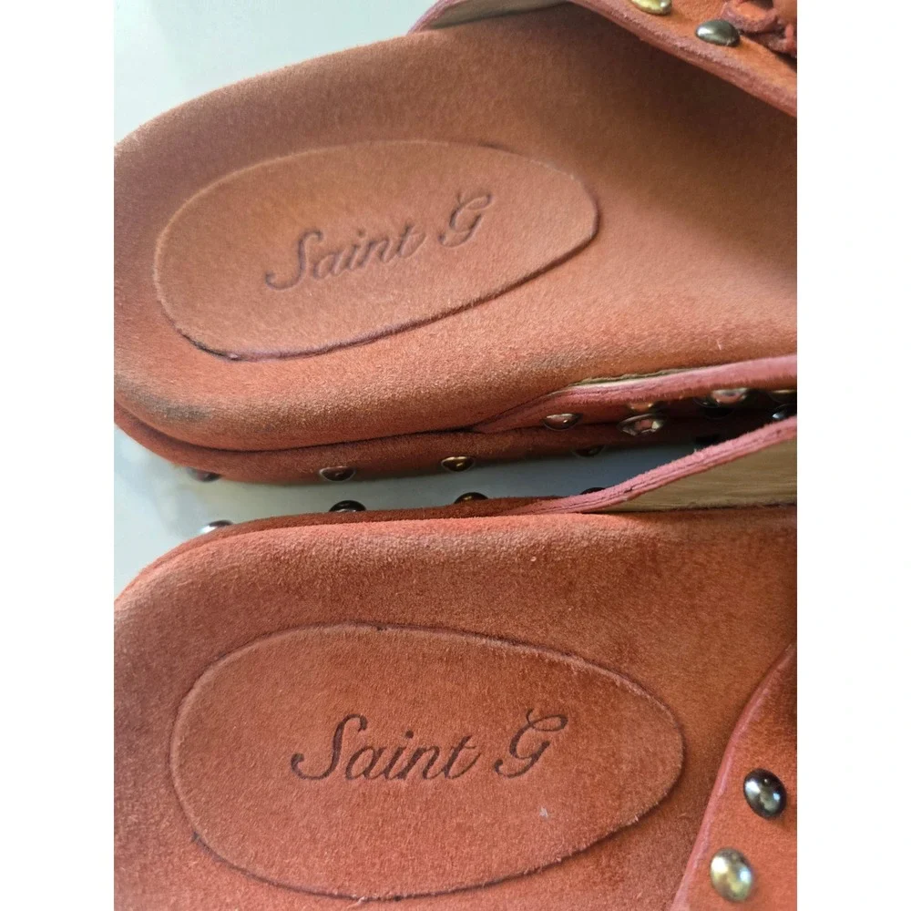 NWOT $215. Saint G Womens Rust Suede Studded Dbl Buckle Slide Sandals Size 6.5/7